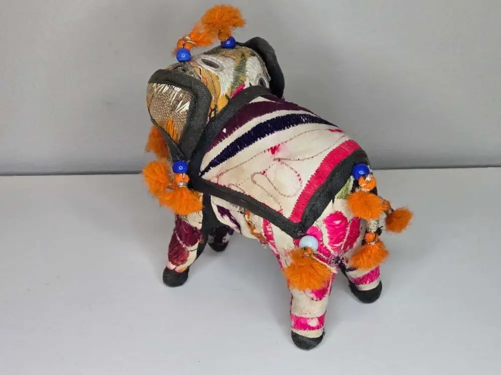 Vintage Handcrafted Indian Folk Art Patchwork Embroidered Beaded Elephant Figure
